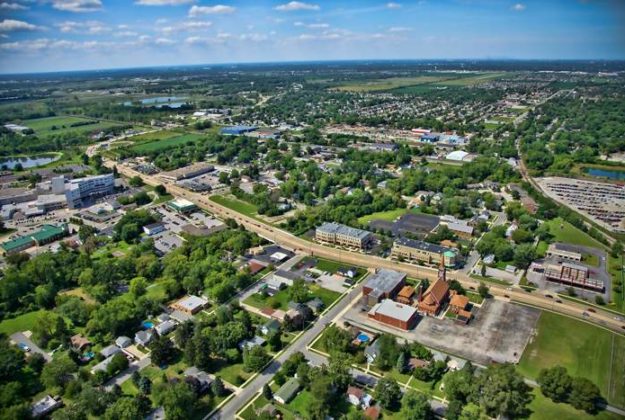 Aerial photo of downtown Dyer, Indiana, featuring the Franciscan St. Margaret Hospital on the left. US 30 Joliet Street (part of the Lincoln Highway) is seen running from left to right. Photo taken on Saturday, August 18, 2012.